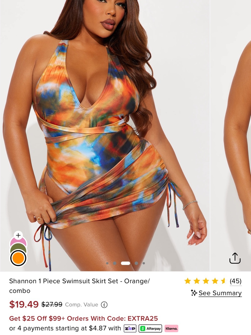 Fashion Nova Orange Combo Tie-Dye One-Piece Swimsuit with Wrap Skirt
